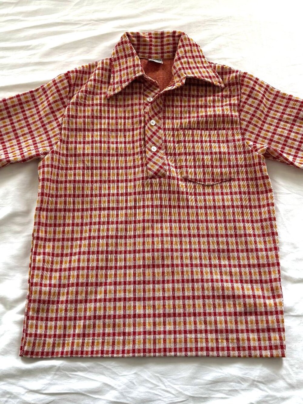 Vintage 70s Knit Polo Red Orange Gingham Towncraft Women Unisex S/M